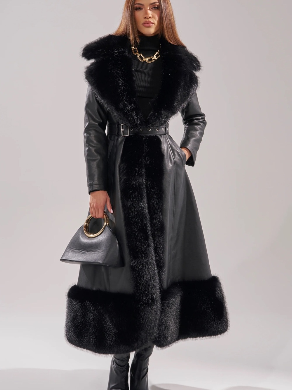 Akira VIVAN LONG PU TRENCH WITH FAUX FUR TRIM